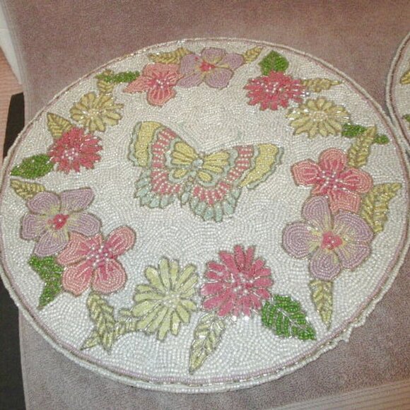 Wild Blossom Beaded Placemats Table Decor Butterfly Flowers Round Set Of 2 - Picture 2 of 6